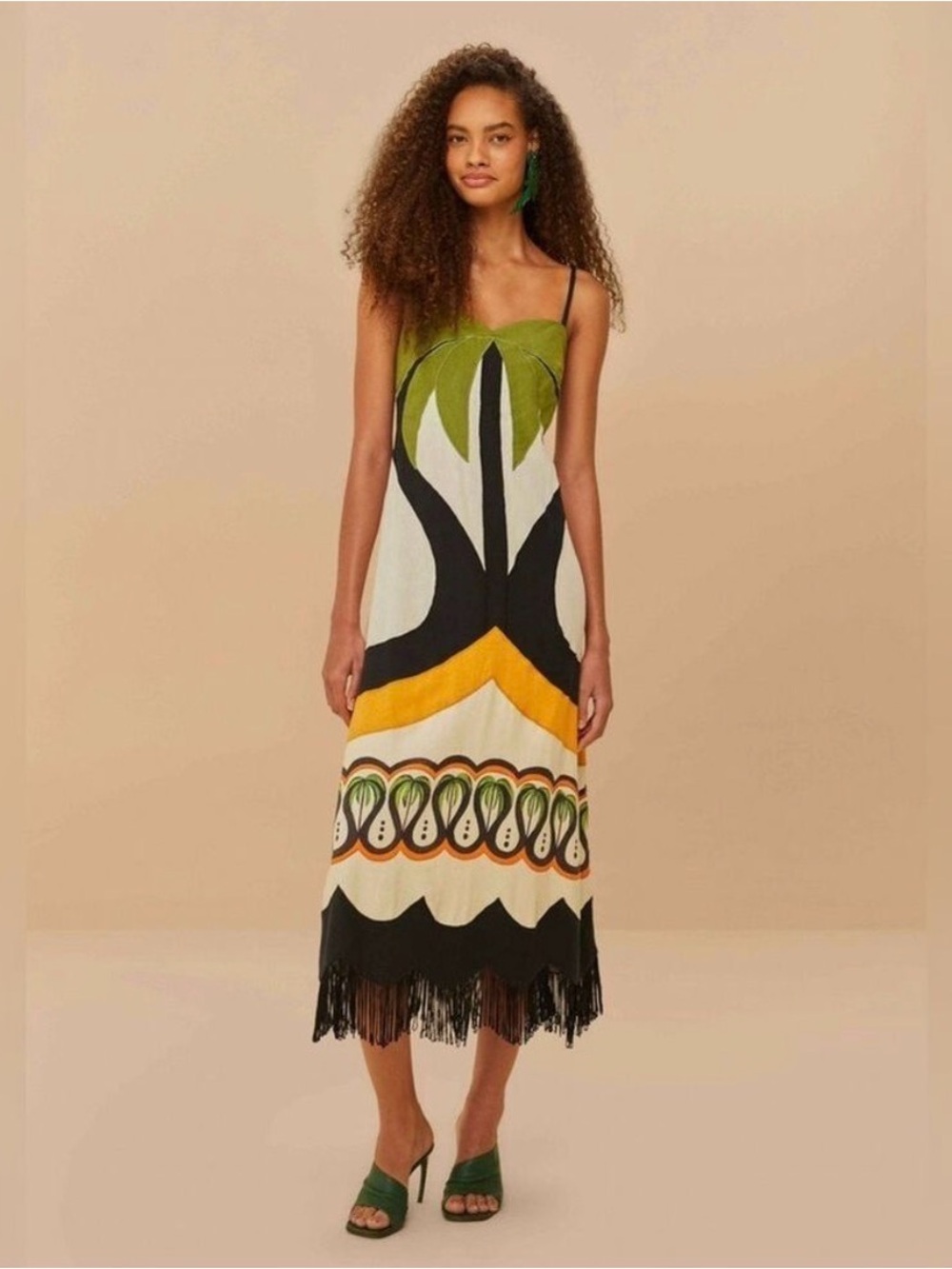 FARM Rio Green, Black & Yellow Strappy Midi Dress